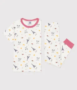 Petit Bateau Schlafanzüge, Pyjamas|Schlafanzüge, Nachthemden*Kurzärmeliger Kinder-Pyjama mit langen Beinen aus bedruckter Baumwolle weiss MARSHMALLOW/weiss MULTICO