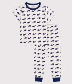 Petit Bateau Schlafanzüge, Pyjamas|Schlafanzüge, Nachthemden*Kurzärmeliger Kinder-Pyjama mit langen Beinen aus bedruckter Baumwolle beige MONTELIMAR/blau MEDIEVAL