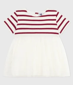Petit Bateau Kleider*Kurzärmeliges Baby-Kleid aus zwei Stoffen ROT MILK/ AMARANTE