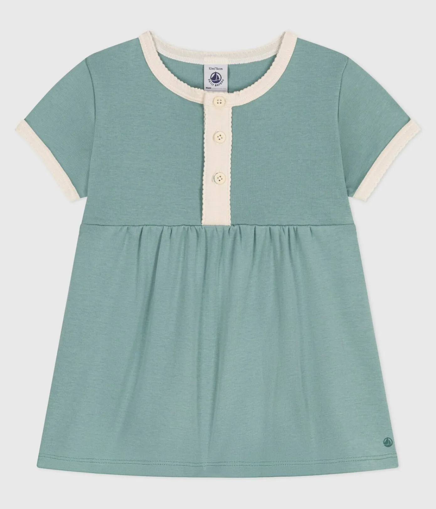 Petit Bateau Kleider*Kurzärmeliges Baby-Kleid aus einfarbiger Baumwolle mit farblich abgesetzten Verzierungen. grün PAUL