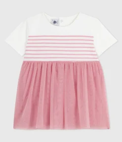 Petit Bateau Kleider*Kurzärmeliges Baby-Kleid aus Baumwolle und Tüll, gestreiftes Oberteil weiss MARSHMALLOW/rosa CHARME