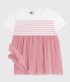 Petit Bateau Kleider*Kurzärmeliges Baby-Kleid aus Baumwolle und Tüll, gestreiftes Oberteil weiss MARSHMALLOW/rosa CHARME
