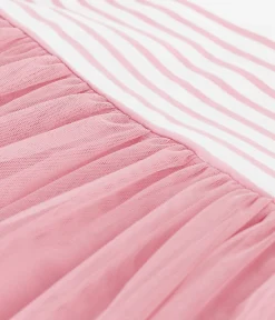Petit Bateau Kleider*Kurzärmeliges Baby-Kleid aus Baumwolle und Tüll, gestreiftes Oberteil weiss MARSHMALLOW/rosa CHARME