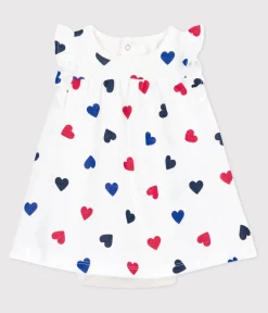 Petit Bateau Kleider|Newborn*Kurzärmeliges Baby-Kleid aus Baumwolle mit integriertem Body und dreifarbigem Herzmotiv weiss MARSHMALLOW/weiss MULTICO