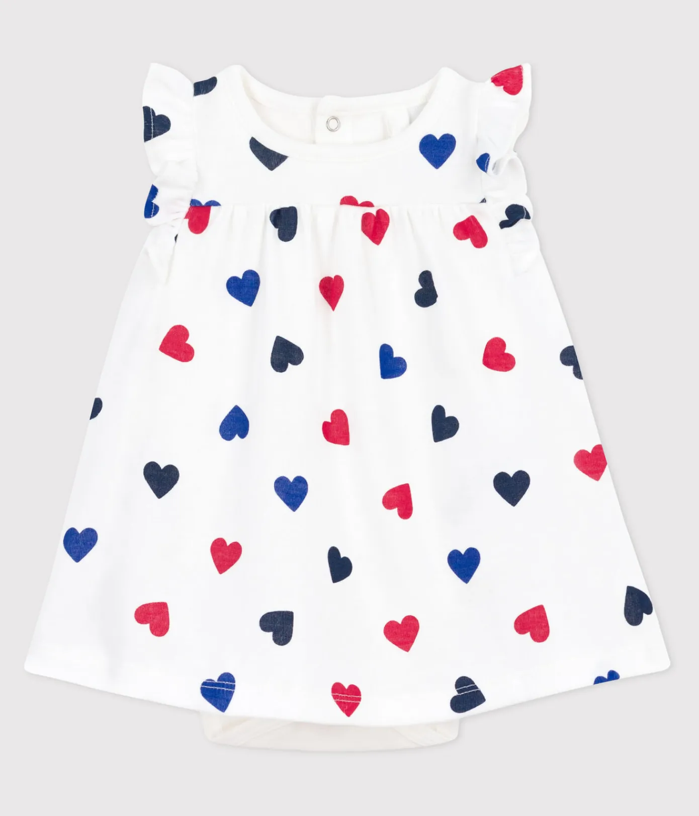 Petit Bateau Kleider|Newborn*Kurzärmeliges Baby-Kleid aus Baumwolle mit integriertem Body und dreifarbigem Herzmotiv weiss MARSHMALLOW/weiss MULTICO