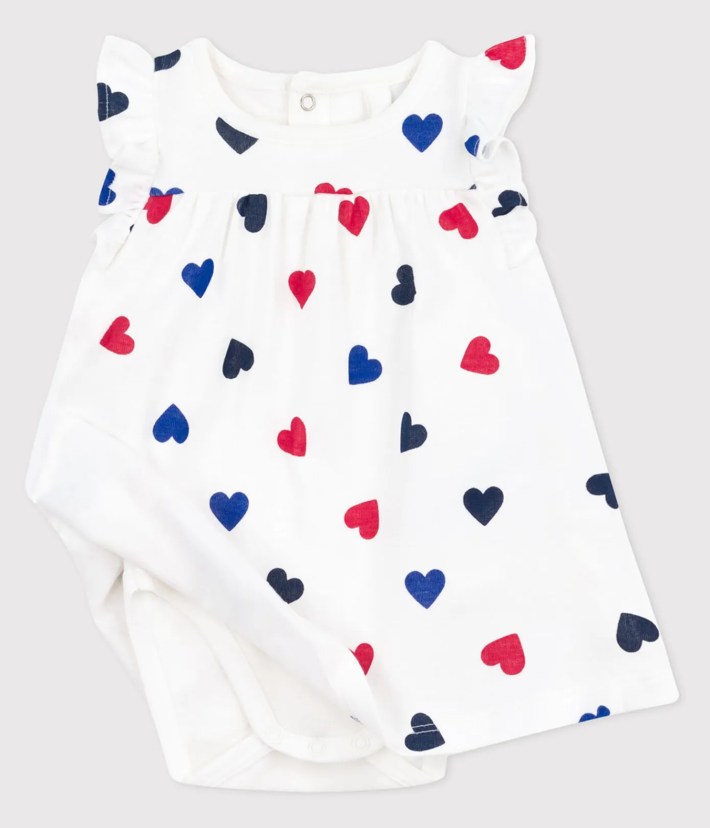 Petit Bateau Kleider|Newborn*Kurzärmeliges Baby-Kleid aus Baumwolle mit integriertem Body und dreifarbigem Herzmotiv weiss MARSHMALLOW/weiss MULTICO