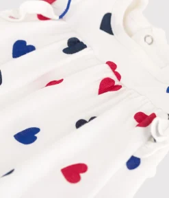 Petit Bateau Kleider|Newborn*Kurzärmeliges Baby-Kleid aus Baumwolle mit integriertem Body und dreifarbigem Herzmotiv weiss MARSHMALLOW/weiss MULTICO
