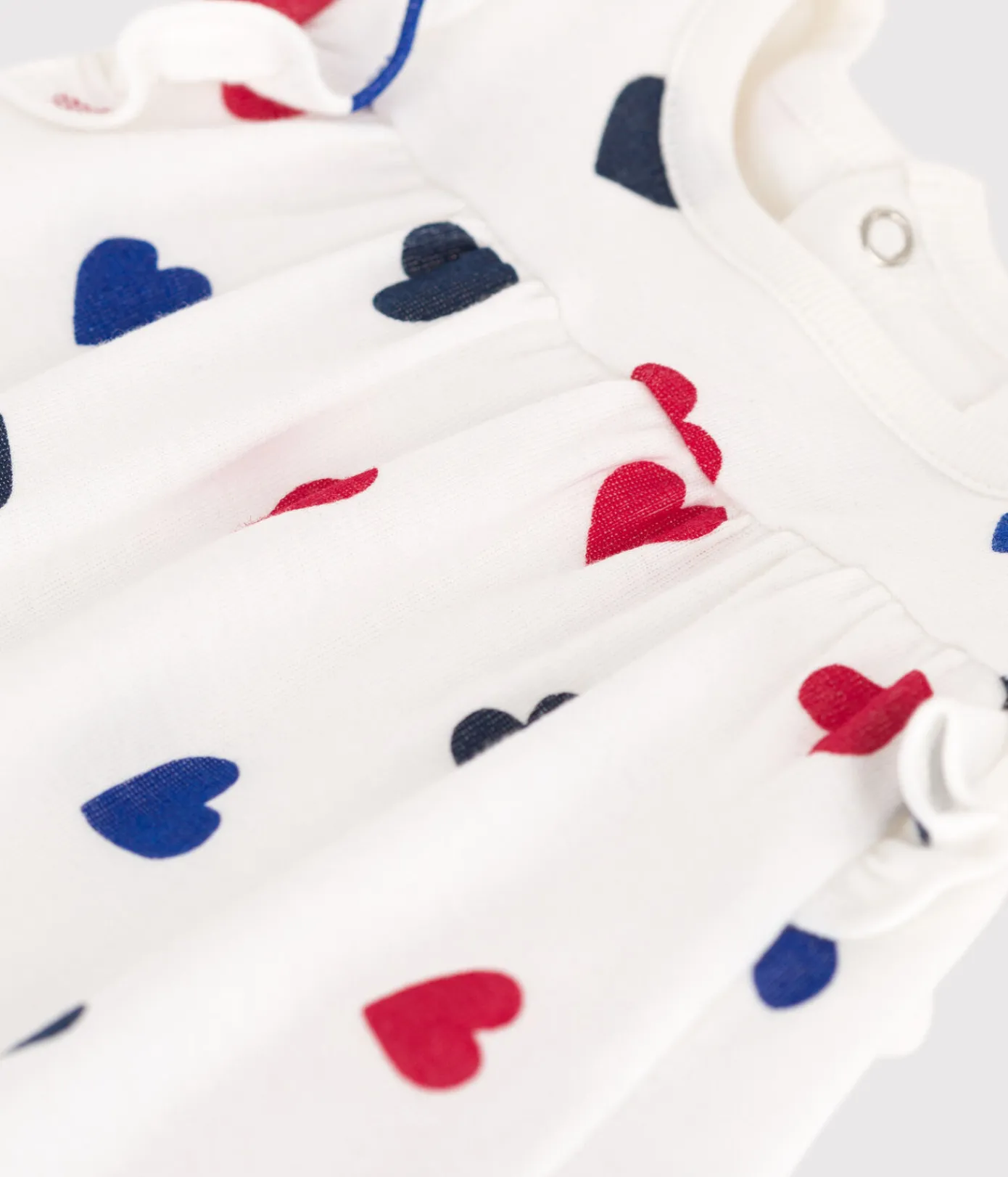 Petit Bateau Kleider|Newborn*Kurzärmeliges Baby-Kleid aus Baumwolle mit integriertem Body und dreifarbigem Herzmotiv weiss MARSHMALLOW/weiss MULTICO