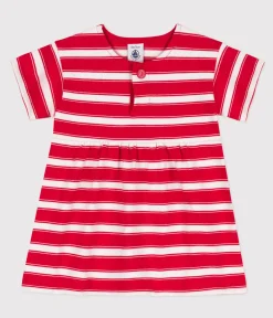 Petit Bateau Kleider*Kurzärmeliges Babykleid aus gestreiftem dichtem Jersey ROT PEPS/weiss MARSHMALLOW