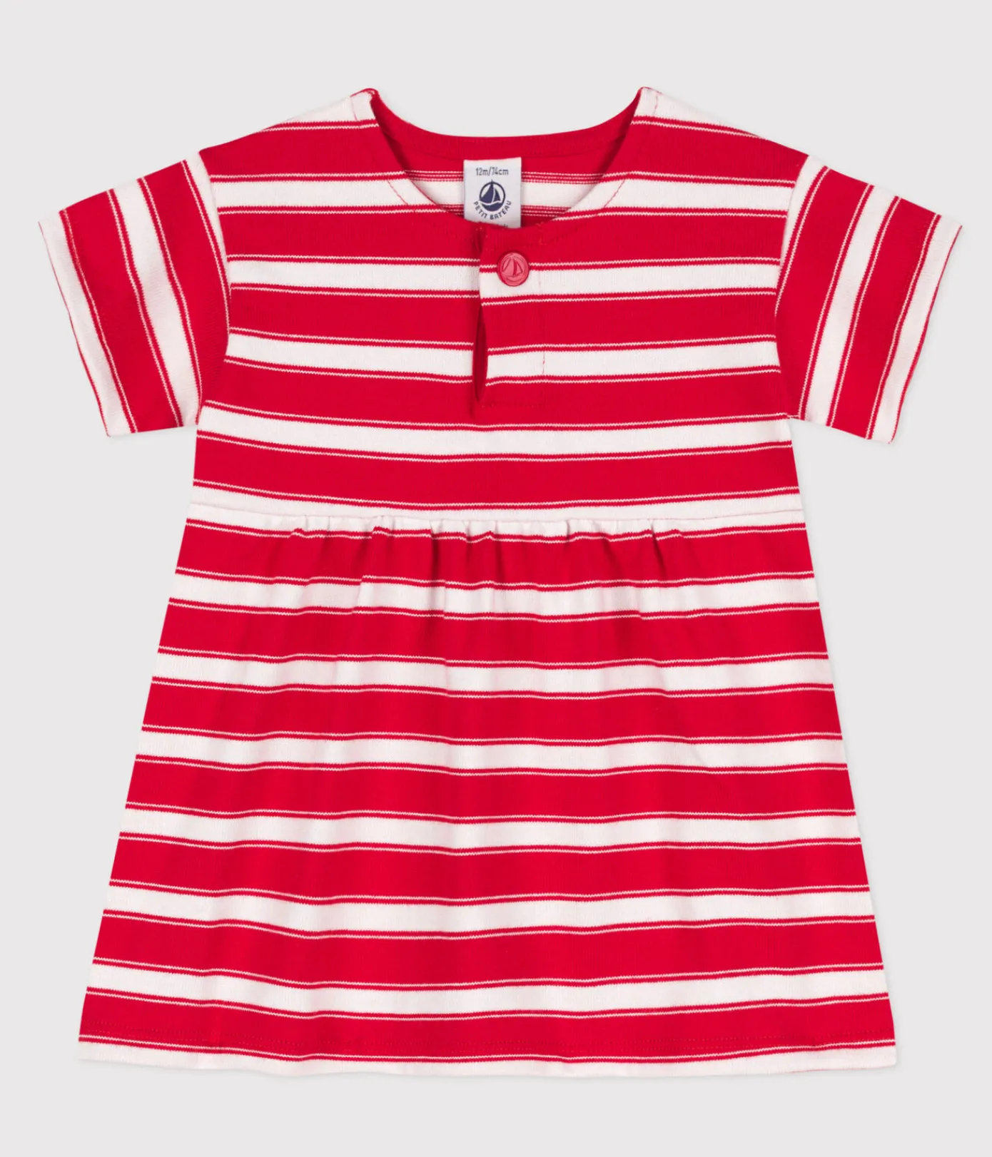 Petit Bateau Kleider*Kurzärmeliges Babykleid aus gestreiftem dichtem Jersey ROT PEPS/weiss MARSHMALLOW
