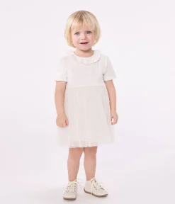 Petit Bateau Kleider*Kurzärmeliges Baby-Kleid aus Baumwolle und Tüll mit Halskrause weiss MARSHMALLOW/rosa COPPER