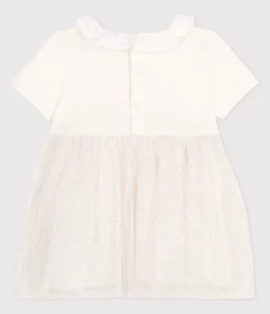 Petit Bateau Kleider*Kurzärmeliges Baby-Kleid aus Baumwolle und Tüll mit Halskrause weiss MARSHMALLOW/rosa COPPER
