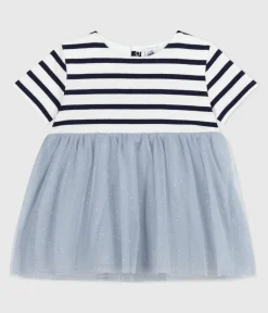 Petit Bateau Kleider*Kurzärmeliges Baby-Kleid aus zwei Stoffen CO2/ MULTICO