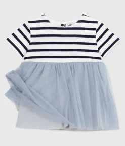 Petit Bateau Kleider*Kurzärmeliges Baby-Kleid aus zwei Stoffen CO2/ MULTICO