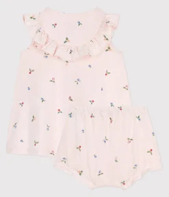 Petit Bateau Kleider|Newborn*Kurzärmeliges Babykleid aus Baumwolle und Bloomer mit Fruchtmuster rosa FLEUR/weiss MULTICO