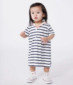 Petit Bateau Kleider*Kurzärmeliges Baby-Kleid aus Baumwolle mit Marinestreifen und Matrosenkragen weiss MARSHMALLOW/blau SMOKING