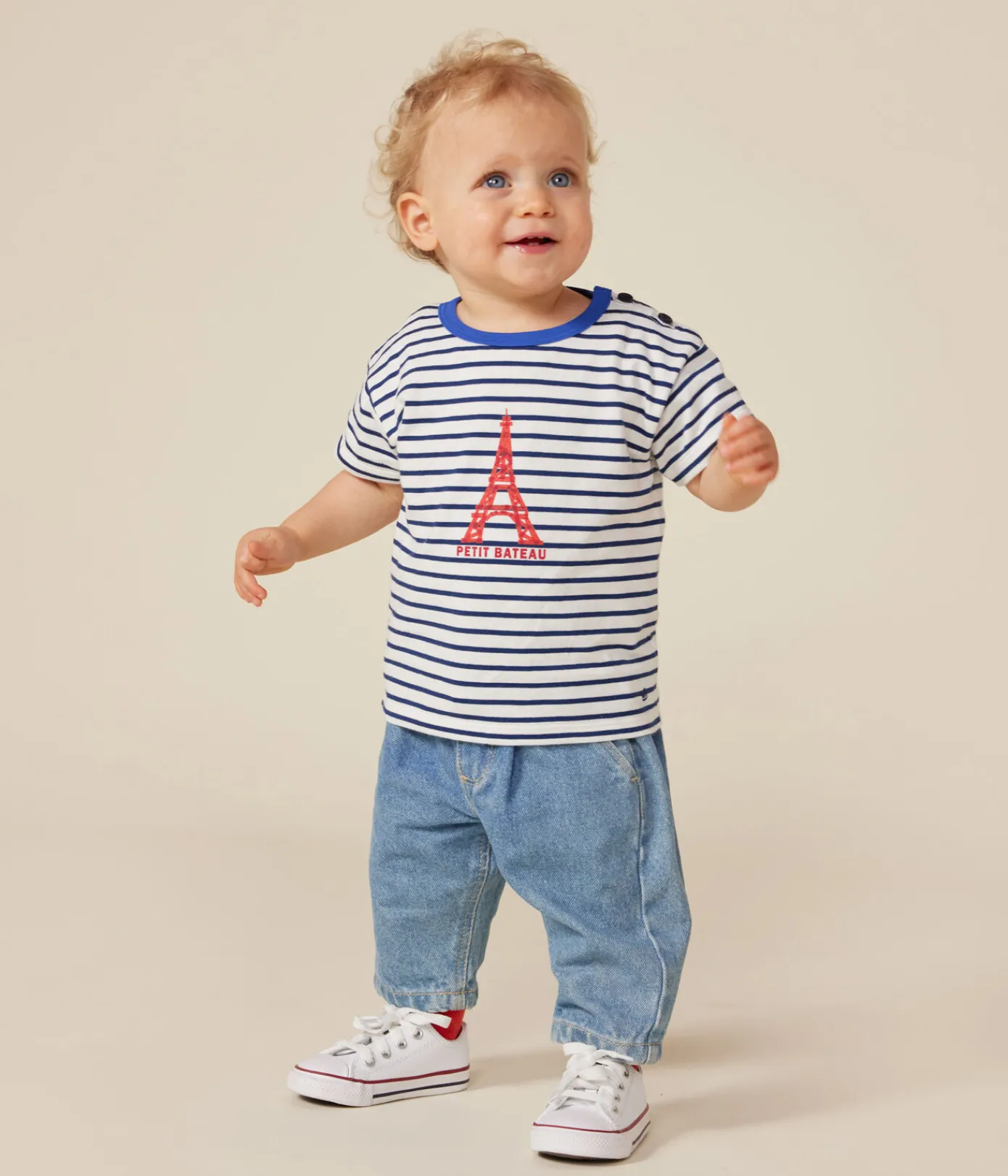 Petit Bateau T-Shirts, Oberteile*Kurzärmeliges Baby-T-Shirt aus feinem Jersey weiss MARSHMALLOW/blau MEDIEVAL
