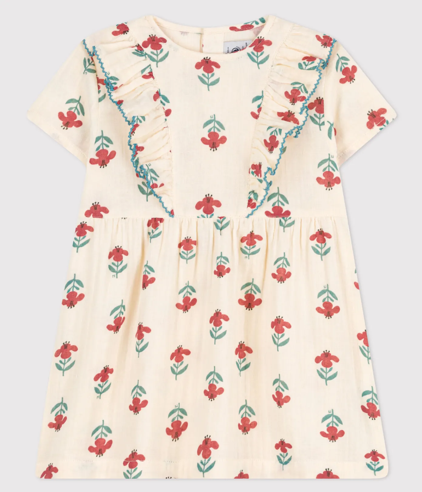 Petit Bateau Kleider*Kurzärmeliges bedrucktes Babykleid aus Baumwollgaze weiss AVALANCHE/ MULTICO