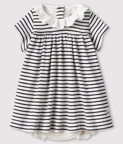 Petit Bateau Kleider|Newborn*Kurzärmeliges Bodykleid aus Rippstrick für Babys weiss MARSHMALLOW/blau SMOKING