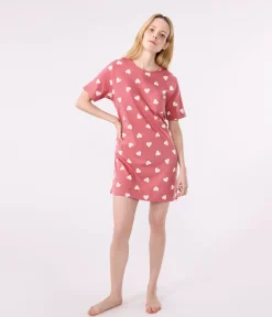 Petit Bateau Schlafanzüge, Nachthemden*Kurzärmeliges Damen-Nachthemd aus Baumwolle mit Herzmotiv rosa ROSEWOOD/ MARSHMALLOW