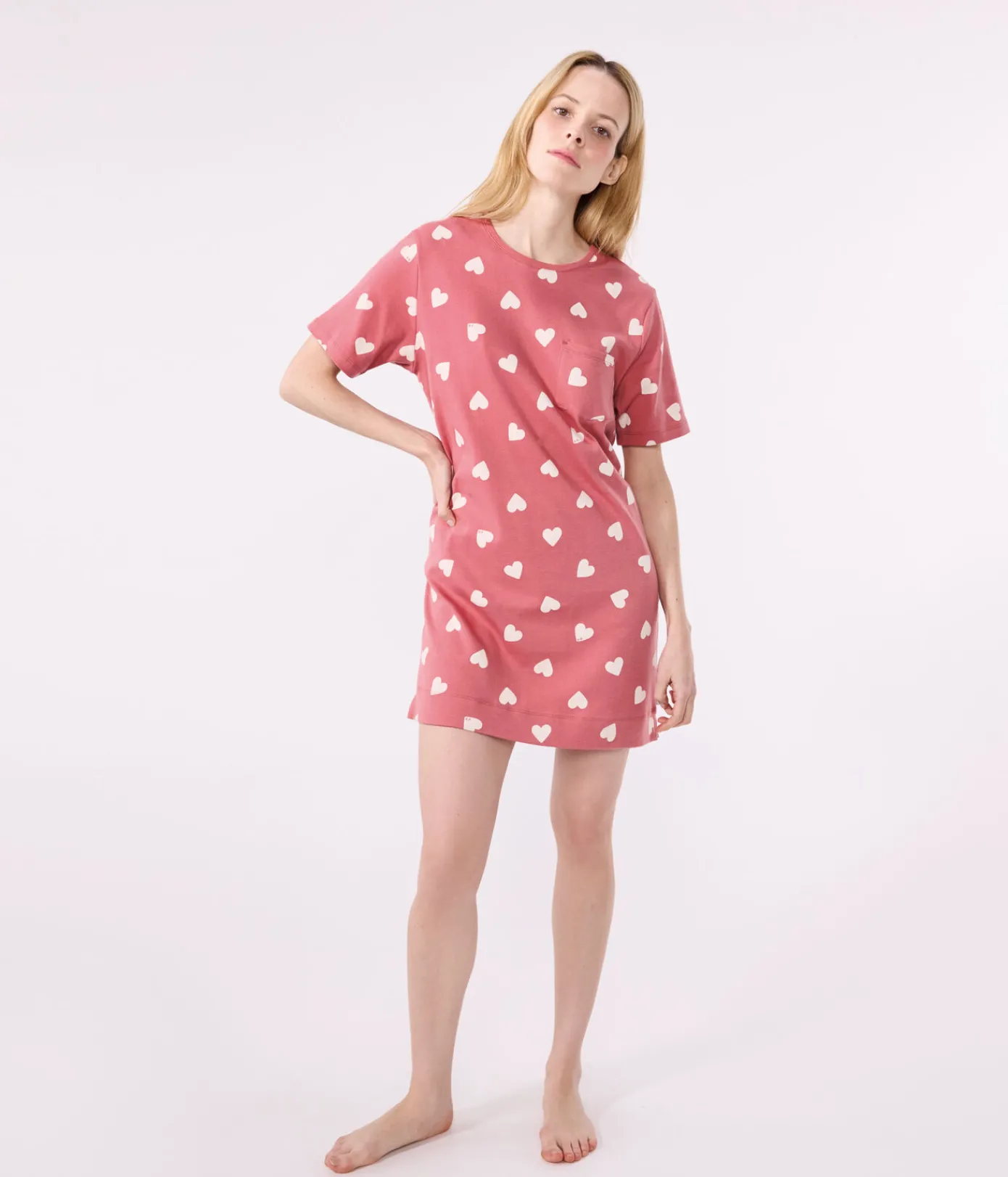 Petit Bateau Schlafanzüge, Nachthemden*Kurzärmeliges Damen-Nachthemd aus Baumwolle mit Herzmotiv rosa ROSEWOOD/ MARSHMALLOW