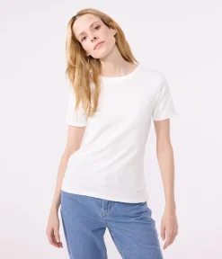 Petit Bateau Alle T-Shirts|Das Ikonische (Slim)*Kurzärmeliges Damen-T-Shirt L'ICONIQUE aus einfarbigem Rippstrick weiss ECUME