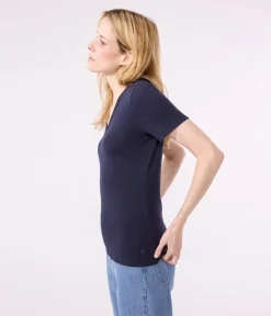 Petit Bateau Alle T-Shirts|Das Ikonische (Slim)*Kurzärmeliges Damen-T-Shirt L'ICONIQUE aus einfarbigem Rippstrick blau SMOKING