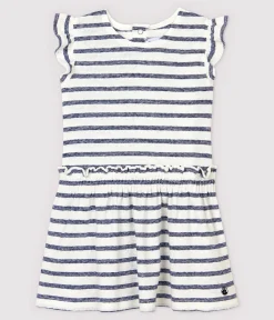 Petit Bateau Kleider*Kurzärmeliges, gestreiftes Babykleid aus Baumwolle/Leinen für Mädchen weiss MARSHMALLOW/blau MEDIEVAL