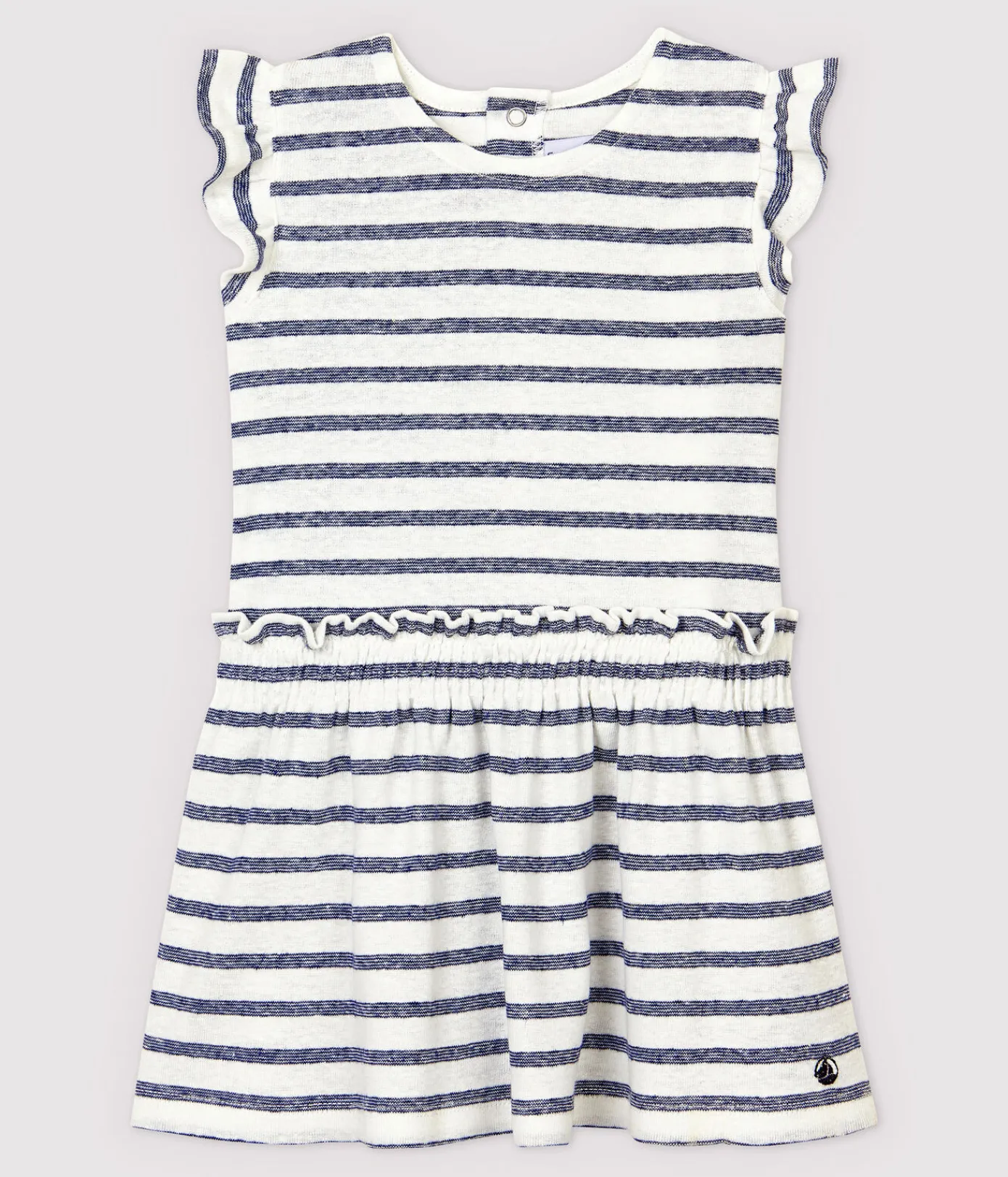 Petit Bateau Kleider*Kurzärmeliges, gestreiftes Babykleid aus Baumwolle/Leinen für Mädchen weiss MARSHMALLOW/blau MEDIEVAL