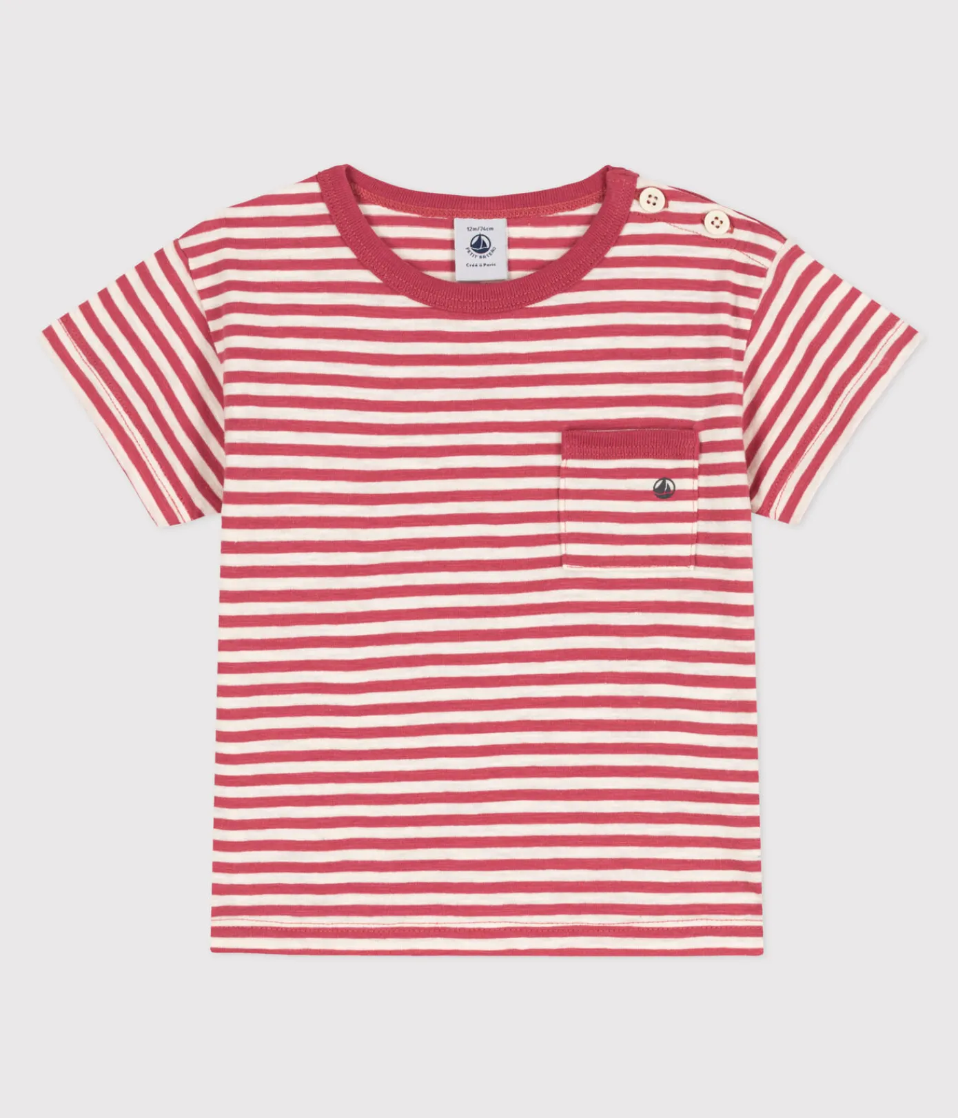 Petit Bateau T-Shirts, Oberteile*Kurzärmeliges gestreiftes Baby-T-Shirt aus gestreiftem geflammtem Jersey. rosa PAPI/beige AVALANCHE