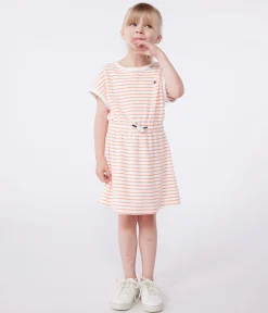 Petit Bateau Kleider, Röcke*Kurzärmeliges Kinder-Kleid aus Baumwoll-Frottee mit Streifen orange MARSHMALLOW/ ABRICOT