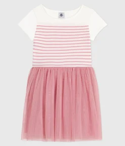 Petit Bateau Kleider, Röcke*Kurzärmeliges Kinder-Kleid aus Baumwolle und Tüll weiss MARSHMALLOW/rosa CHARME