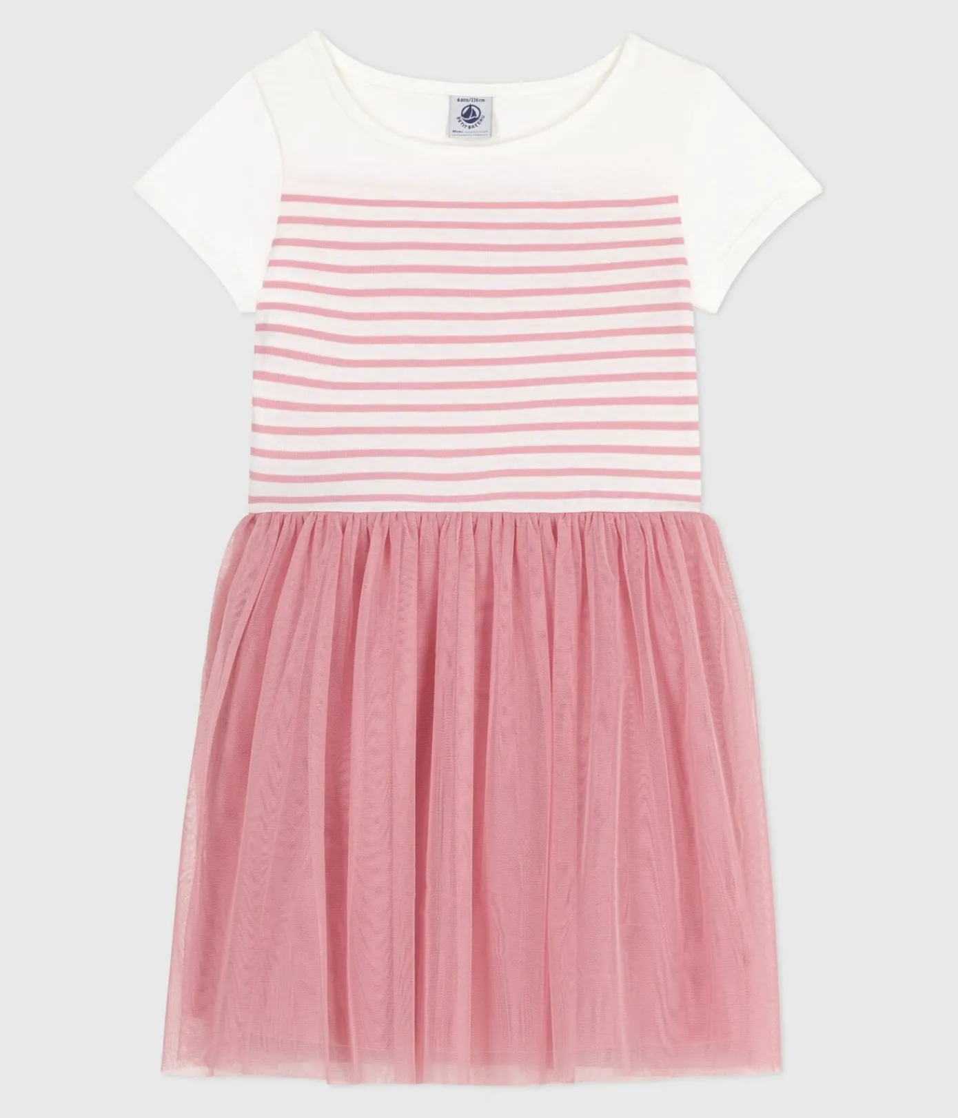 Petit Bateau Kleider, Röcke*Kurzärmeliges Kinder-Kleid aus Baumwolle und Tüll weiss MARSHMALLOW/rosa CHARME