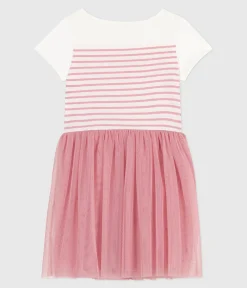 Petit Bateau Kleider, Röcke*Kurzärmeliges Kinder-Kleid aus Baumwolle und Tüll weiss MARSHMALLOW/rosa CHARME
