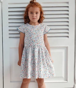 Petit Bateau Kleider, Röcke*Kurzärmeliges Kinder-Kleid aus Baumwolle mit Blümchen weiss MARSHMALLOW/weiss MULTICO