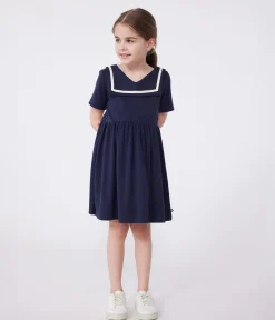 Petit Bateau Kleider, Röcke*Kurzärmeliges Kinder-Kleid aus einfarbiger Baumwolle blau SMOKING