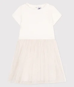 Petit Bateau Kleider, Röcke*Kurzärmeliges Kinder-Kleid aus Baumwolle und Tüll weiss MARSHMALLOW/rosa COPPER