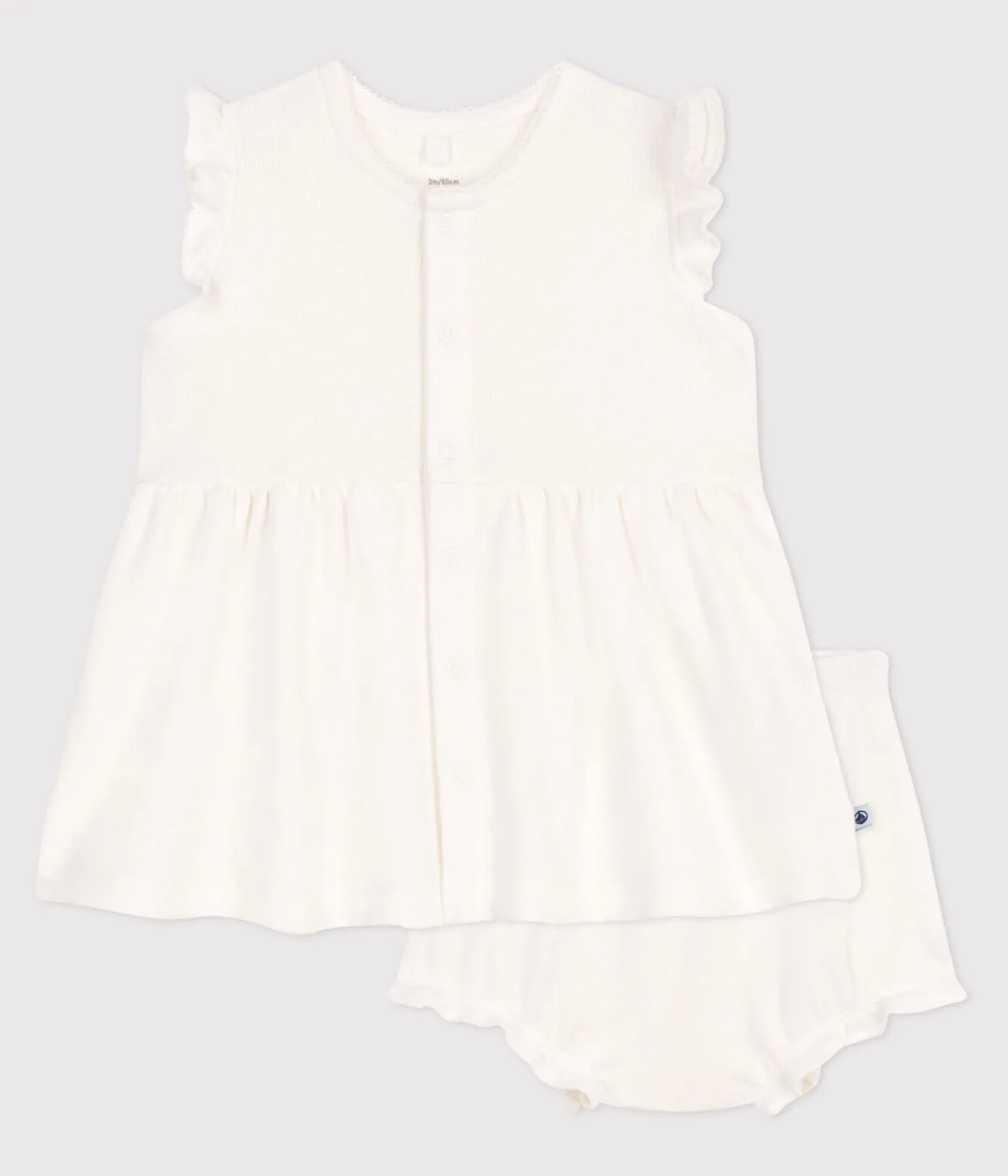 Petit Bateau Kleider|Newborn*Kurzärmeliges weißes Baby-Kleid mit Wabenmuster und Bloomer weiss MARSHMALLOW
