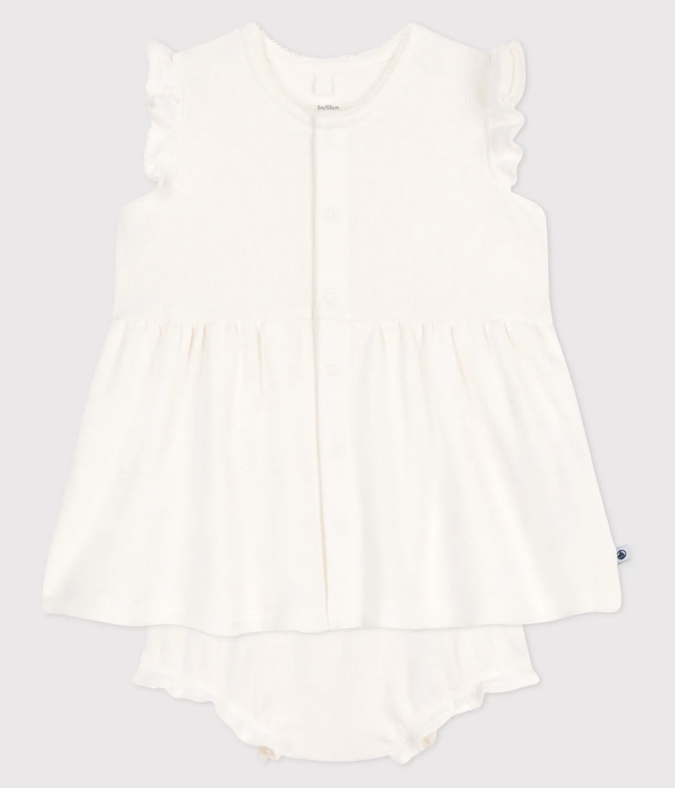 Petit Bateau Kleider|Newborn*Kurzärmeliges weißes Baby-Kleid mit Wabenmuster und Bloomer weiss MARSHMALLOW