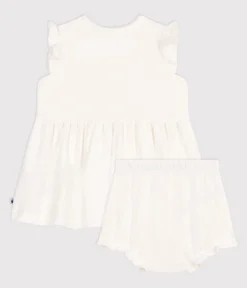 Petit Bateau Kleider|Newborn*Kurzärmeliges weißes Baby-Kleid mit Wabenmuster und Bloomer weiss MARSHMALLOW