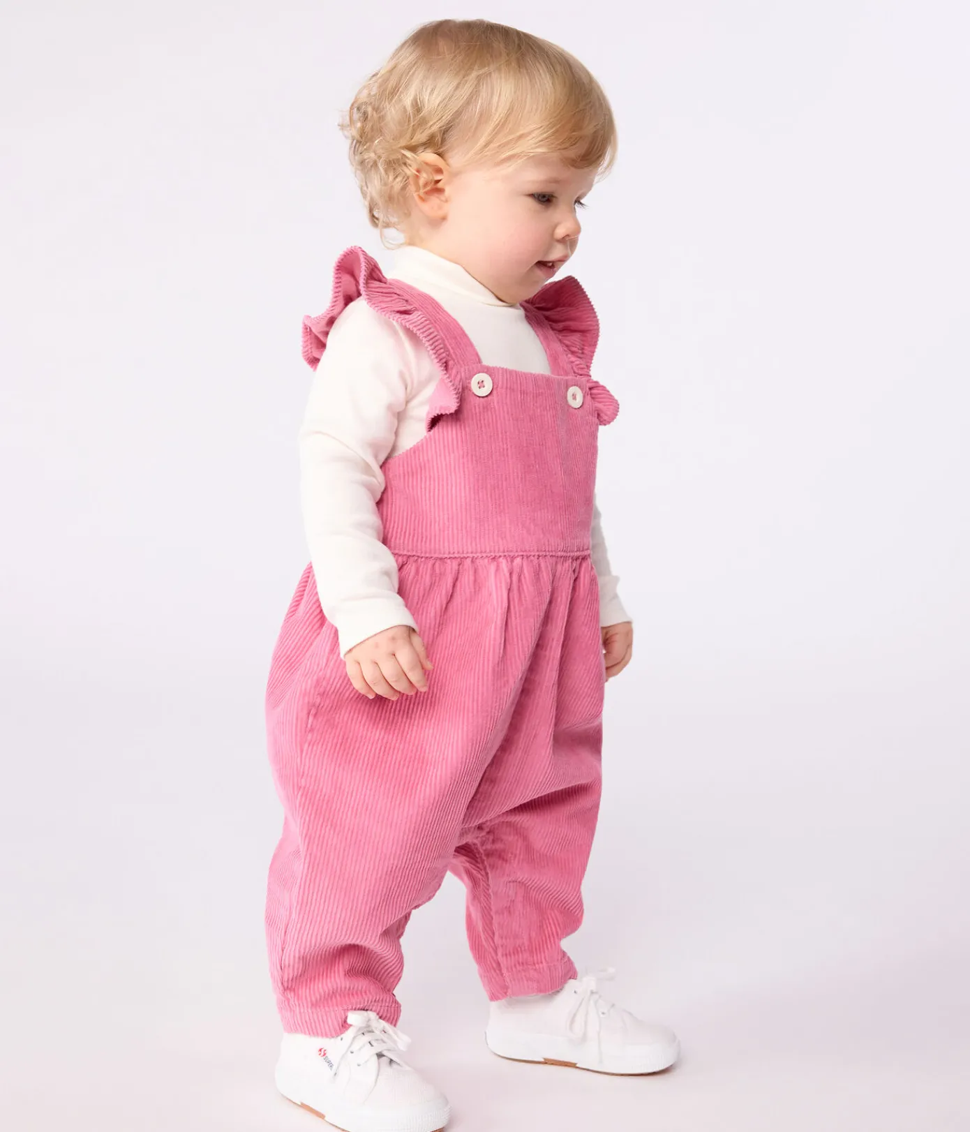 Petit Bateau Sets, Overalls & Latzhosen*Langbeinige Baby-Latzhose aus einfarbigem Fein-Cord mit Volants BOUDOIR