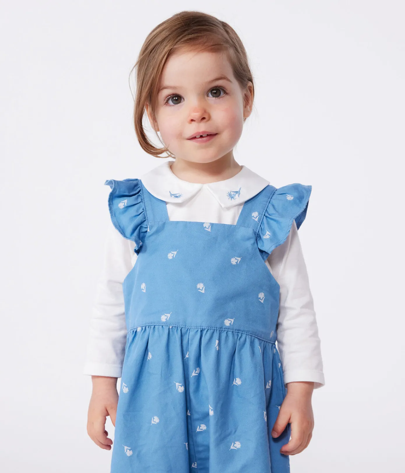 Petit Bateau Sets, Overalls & Latzhosen*Langbeinige Baby-Latzhose aus Baumwolle mit bestickten Blumen blau ALASKA/weiss MARSHMALLOW