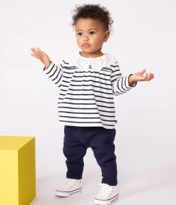 Petit Bateau T-Shirts, Oberteile*Langärmelige Baby-Bluse aus Baumwolle mit Matrosenstreifen und Herz-Kragen weiss MARSHMALLOW/blau SMOKING