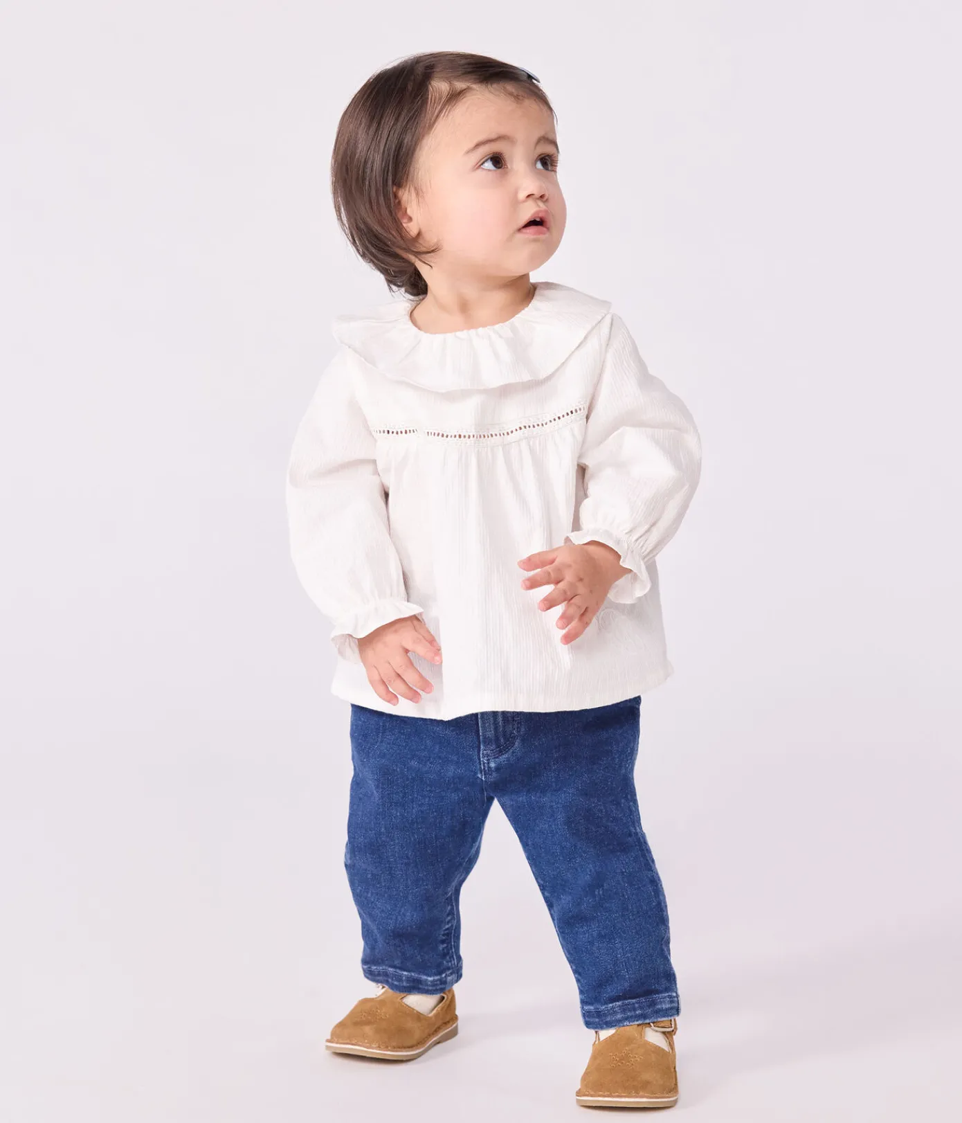 Petit Bateau T-Shirts, Oberteile*Langärmelige Baby-Bluse aus Baumwoll-Popeline mit Kragen und Stickereien weiss ECUME