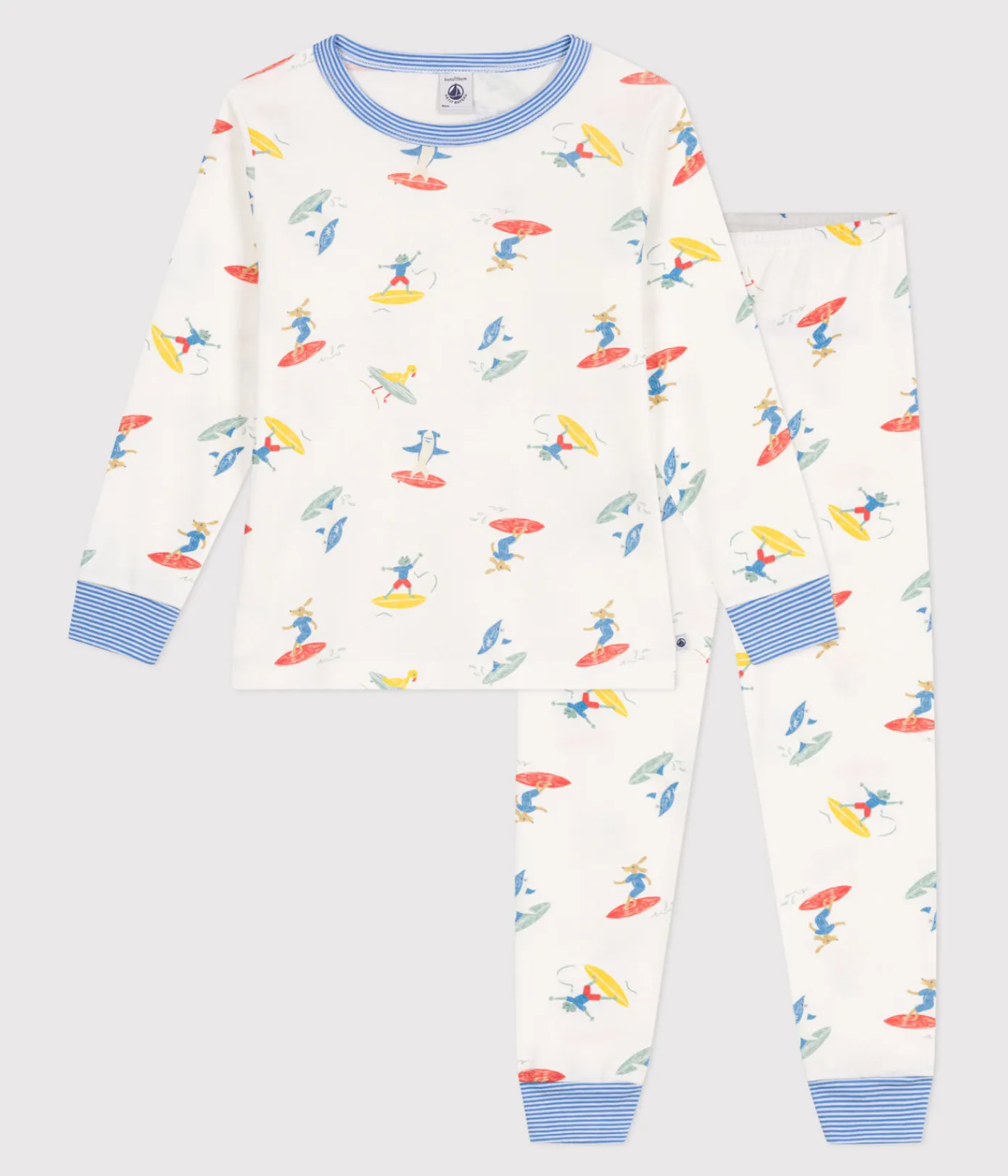 Petit Bateau Schlafanzüge, Pyjamas*Langärmeliger Kinder-Pyjama aus Baumwolle mit Surf-Motiven weiss MARSHMALLOW/weiss MULTICO