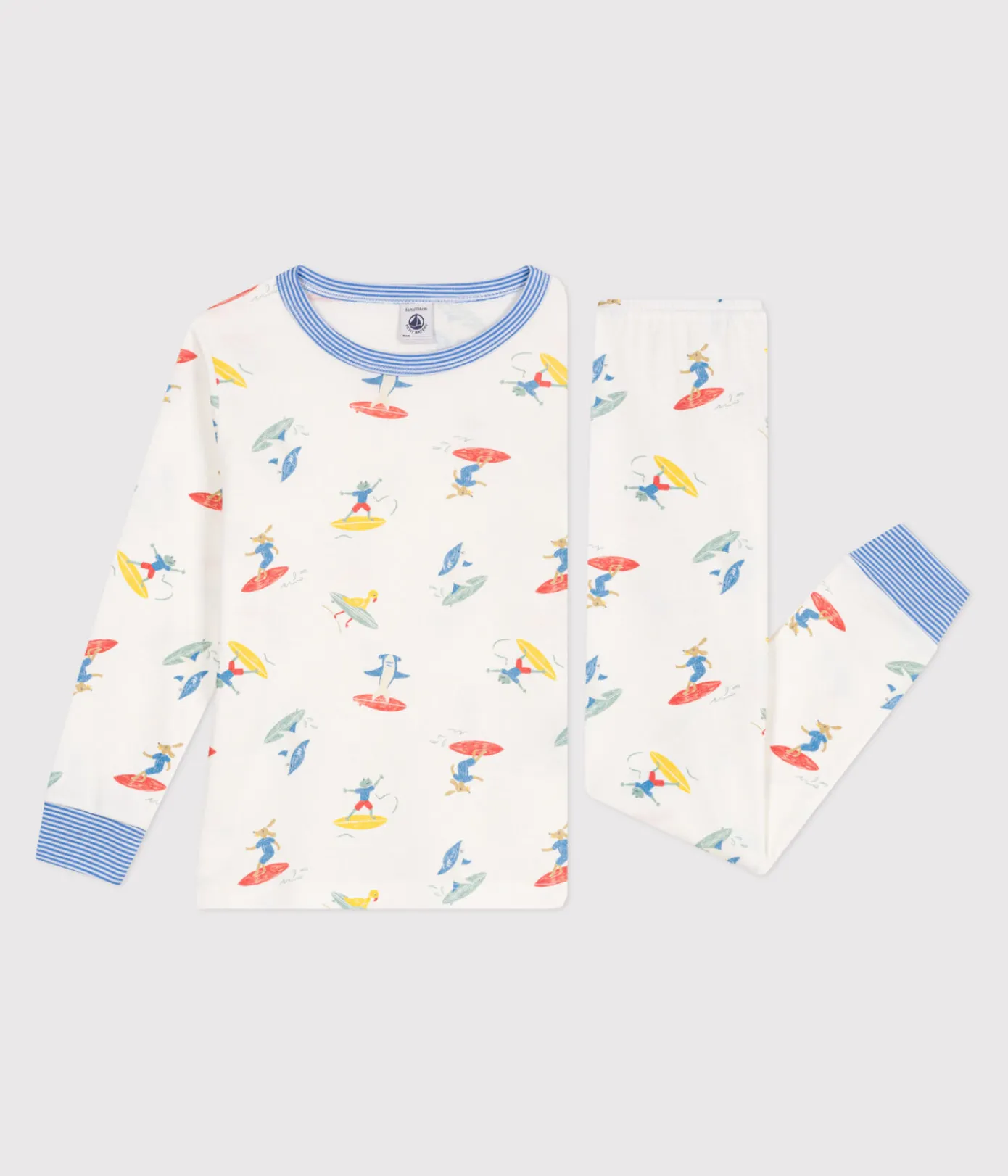 Petit Bateau Schlafanzüge, Pyjamas*Langärmeliger Kinder-Pyjama aus Baumwolle mit Surf-Motiven weiss MARSHMALLOW/weiss MULTICO