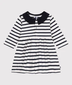 Petit Bateau Kleider*Langärmeliges Baby-Kleid aus dickem Jersey weiss MARSHMALLOW/blau SMOKING
