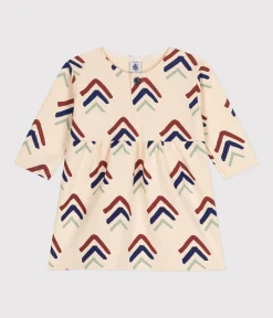 Petit Bateau Kleider*Langärmeliges Baby-Kleid aus Molton weiss AVALANCHE/ MULTICO