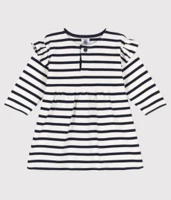 Petit Bateau Kleider*Langärmeliges Babykleid aus dichtem Jersey für Mädchen weiss MARSHMALLOW/blau SMOKING