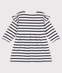 Petit Bateau Kleider*Langärmeliges Babykleid aus dichtem Jersey für Mädchen weiss MARSHMALLOW/blau SMOKING